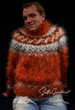 Copper colored men's handknit mohair turtleneck sweater, warm and luxurious