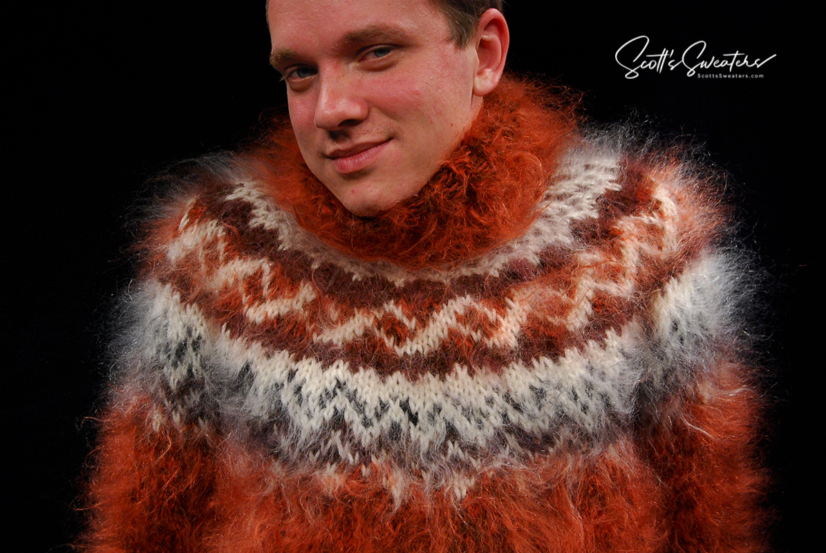 Copper colored men's handknit mohair turtleneck sweater, warm and luxurious
