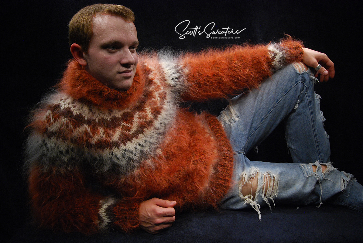 Copper colored men's handknit mohair turtleneck sweater, warm and luxurious