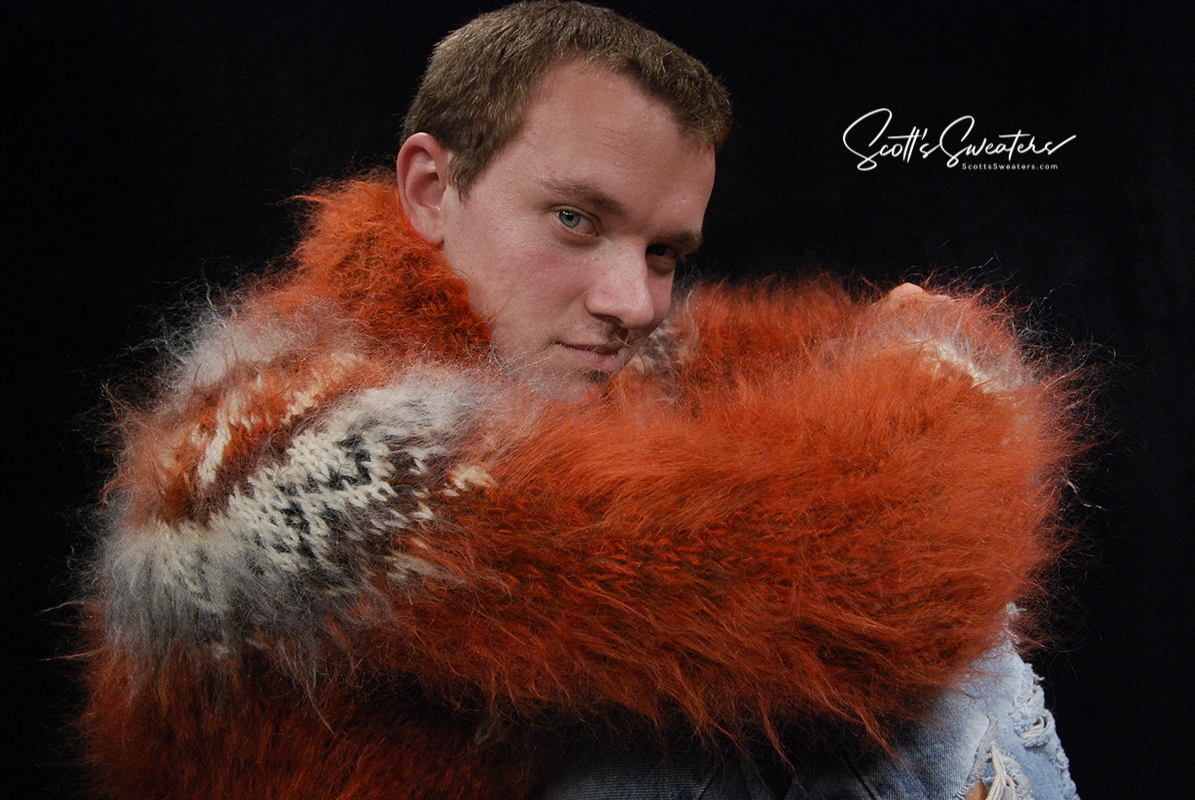 Copper colored men's hand-knit mohair turtleneck sweater