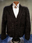 Men's home-spun angora-silk black hand-knit sweater with buttons and cable knit pattern