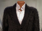 Men's home-spun angora-silk black fuzzy sweater over checkered dress shirt, hand-knit prototype clearance piece