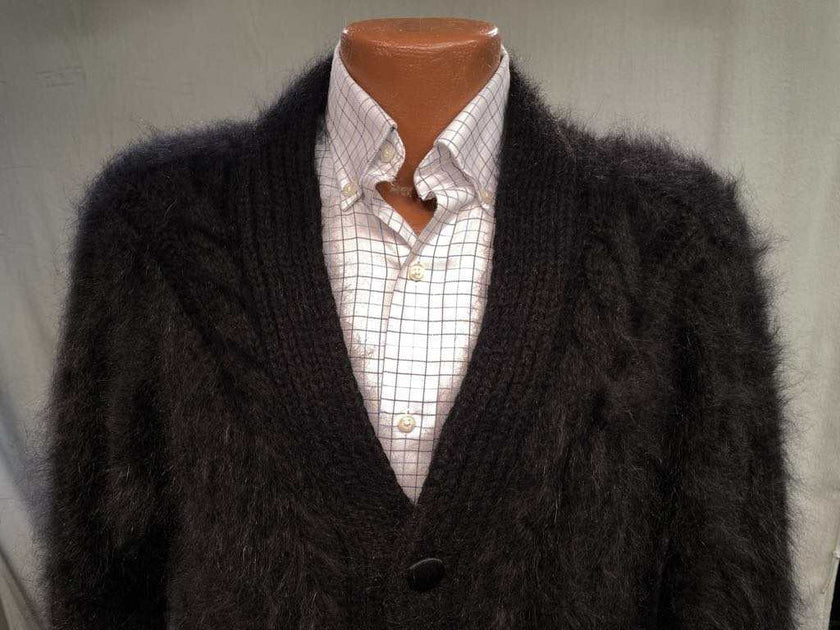 Men's home-spun angora-silk black fuzzy sweater over checkered dress shirt, hand-knit prototype clearance piece