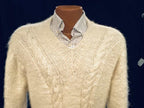 Men's hand-spun angora-silk sweater with cable knit pattern and V-neck design