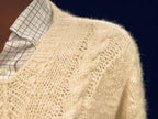 Men's home-spun angora-silk sweater in cream with cable knit pattern and checkered shirt collar visible