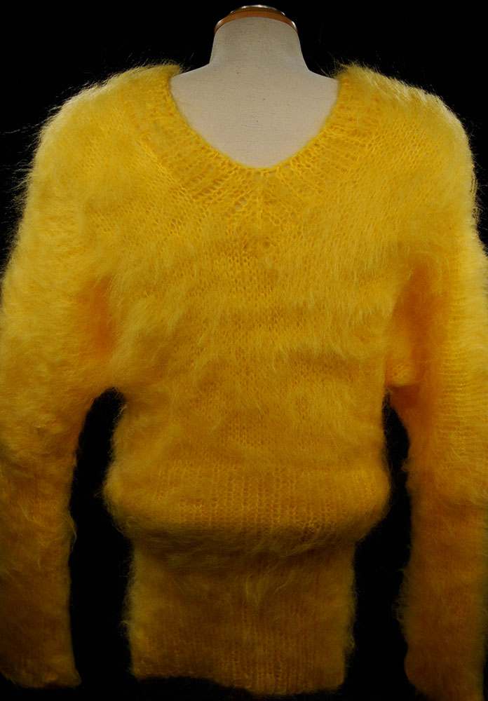 Woman's fuzzy yellow mohair double V-neck hand-knit sweater by Scott's Sweaters