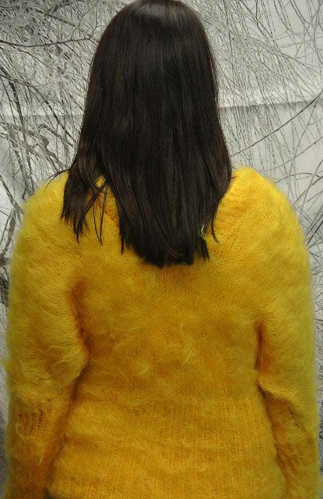 Woman's fuzzy yellow mohair sweater back view, hand-knit double V-neck pullover, one size fit