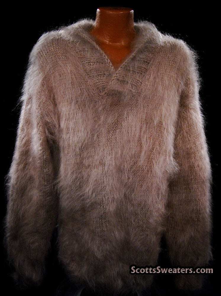 Dark-beige men's handknit mohair shawl-neck sweater in extra-large size
