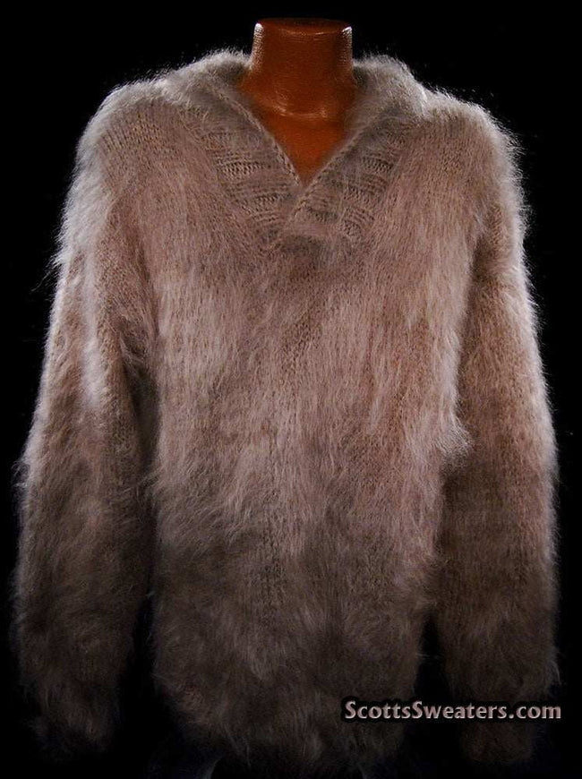 Dark-beige men's handknit mohair shawl-neck sweater in extra-large size