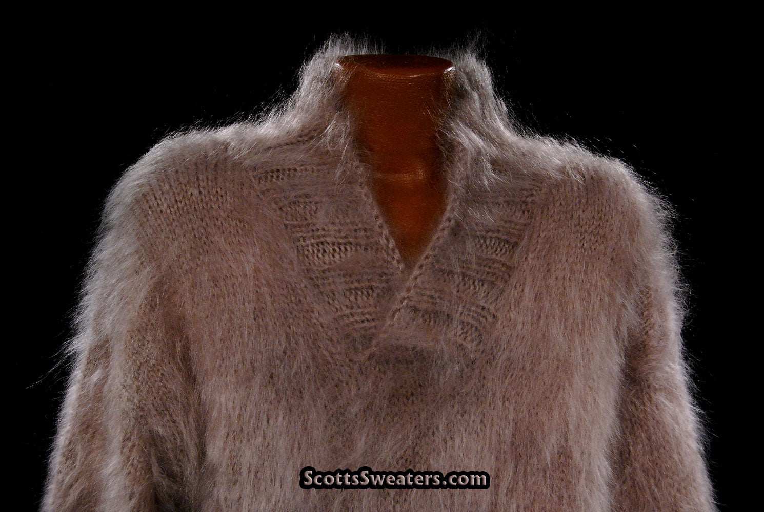 Dark-beige men's handknit mohair shawl-neck sweater X-Large with relaxed fit