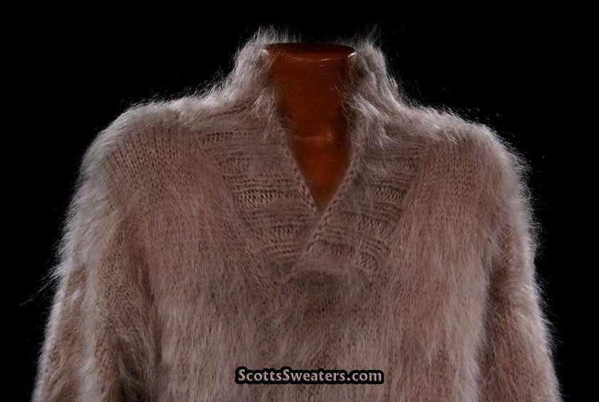 Dark-beige men's handknit mohair shawl-neck sweater X-Large with relaxed fit