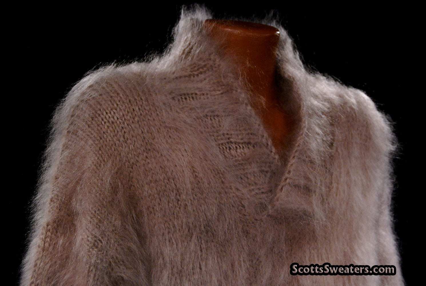 Men's handknit mohair dark-beige shawl-neck sweater in extra-large size