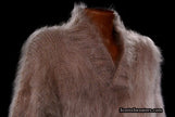 Men's handknit mohair dark-beige shawl-neck sweater in extra-large size