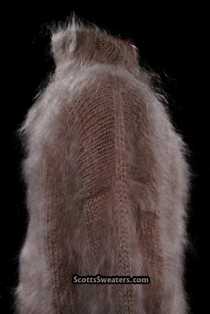 Dark-beige men's handknit mohair shawl-neck sweater in X-Large with relaxed fit