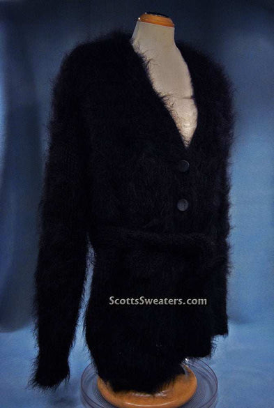 Black mohair sweater-coat with matching belt by Scott's Sweaters 2XL