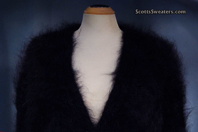 Black mohair sweater-coat with matching belt by Scott's Sweaters in 2XL size