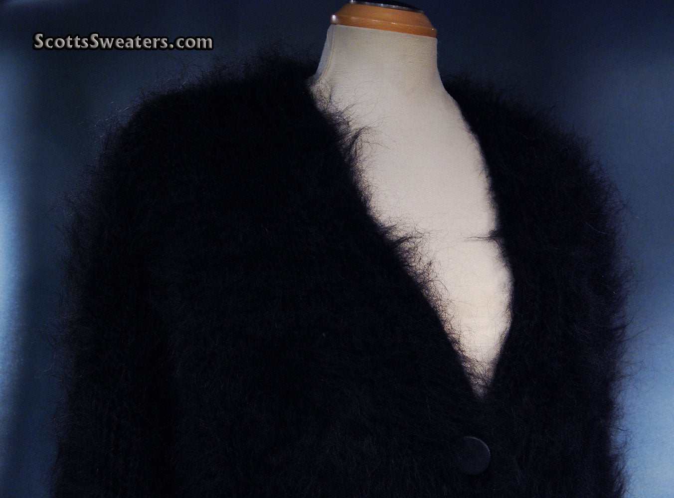 Black mohair sweater-coat with matching knitted belt by Scott's Sweaters in 2X-large size