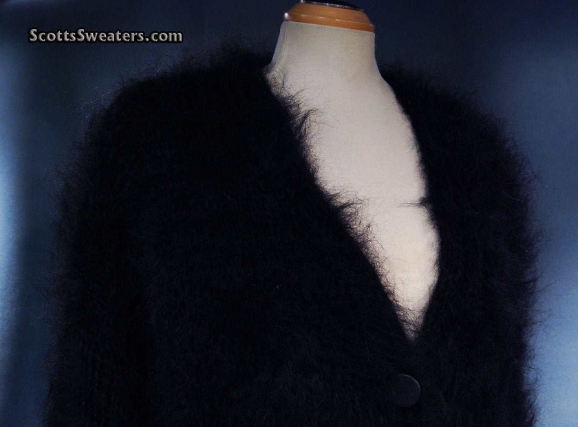 Black mohair sweater-coat with matching knitted belt by Scott's Sweaters in 2X-large size