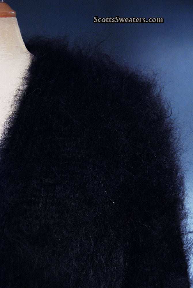 Black mohair sweater-coat with matching knitted belt, size 2X-large by Scott's Sweaters