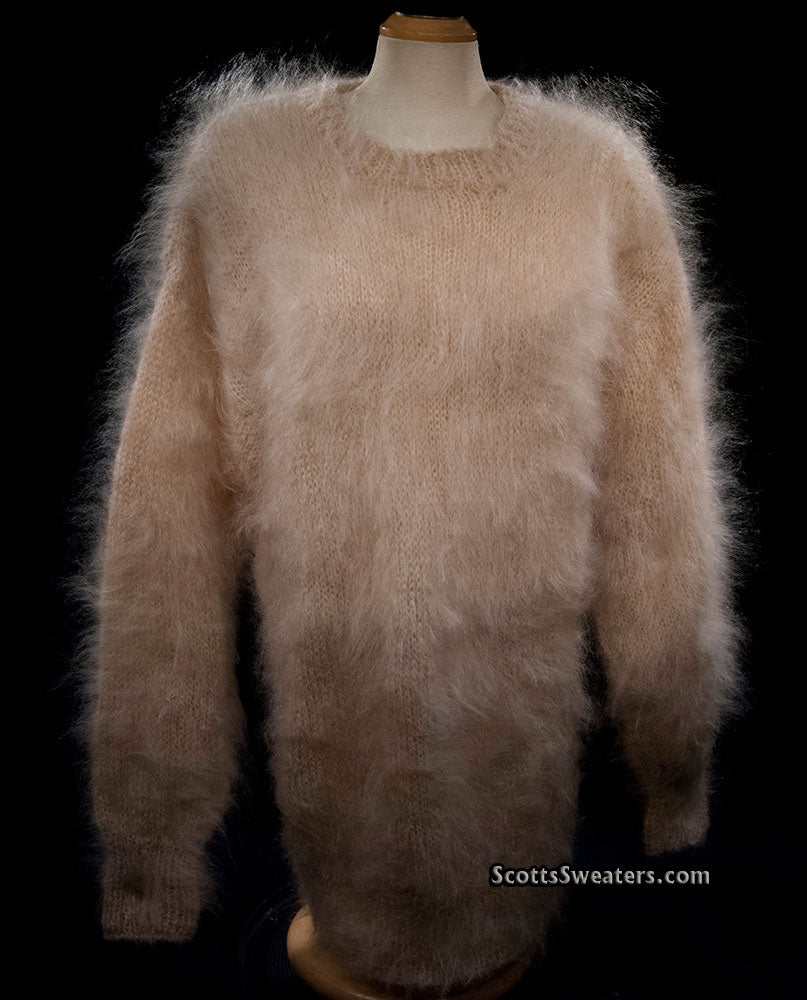 Woman's long fuzzy champagne color mohair crewneck sweater by Scott's Sweaters in large/2XL