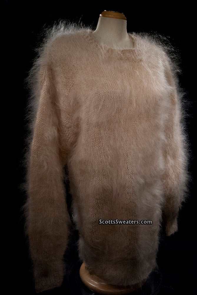 Woman's long fuzzy champagne mohair sweater large size crewneck by Scott's Sweaters