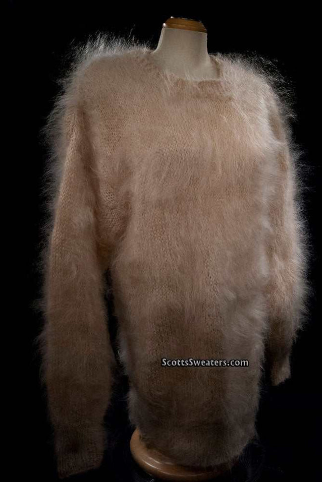 Woman's long fuzzy champagne mohair sweater large size crewneck by Scott's Sweaters