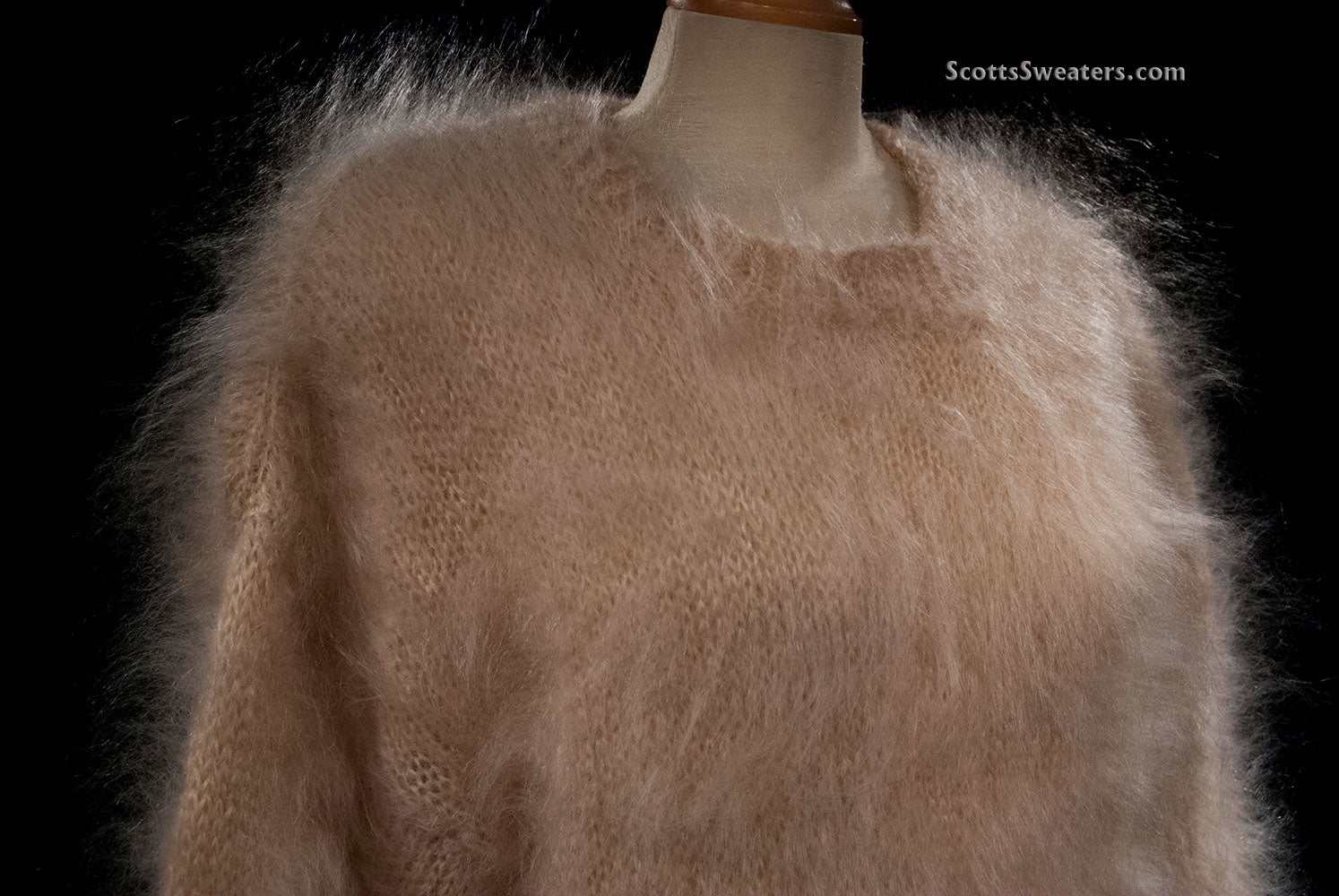 Woman's long fuzzy champagne color mohair sweater by Scott's Sweaters in large/2XL size