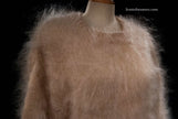 Woman's long fuzzy champagne color mohair sweater by Scott's Sweaters in large/2XL size