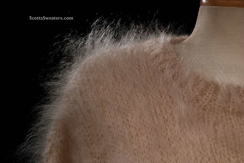 Woman's long fuzzy champagne color mohair crewneck sweater by Scott's Sweaters in large/2XL size