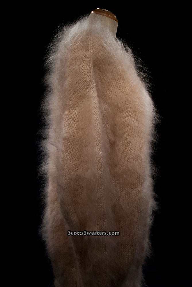 Woman's long fuzzy champagne color mohair crewneck sweater by Scott's Sweaters in large/2XL size