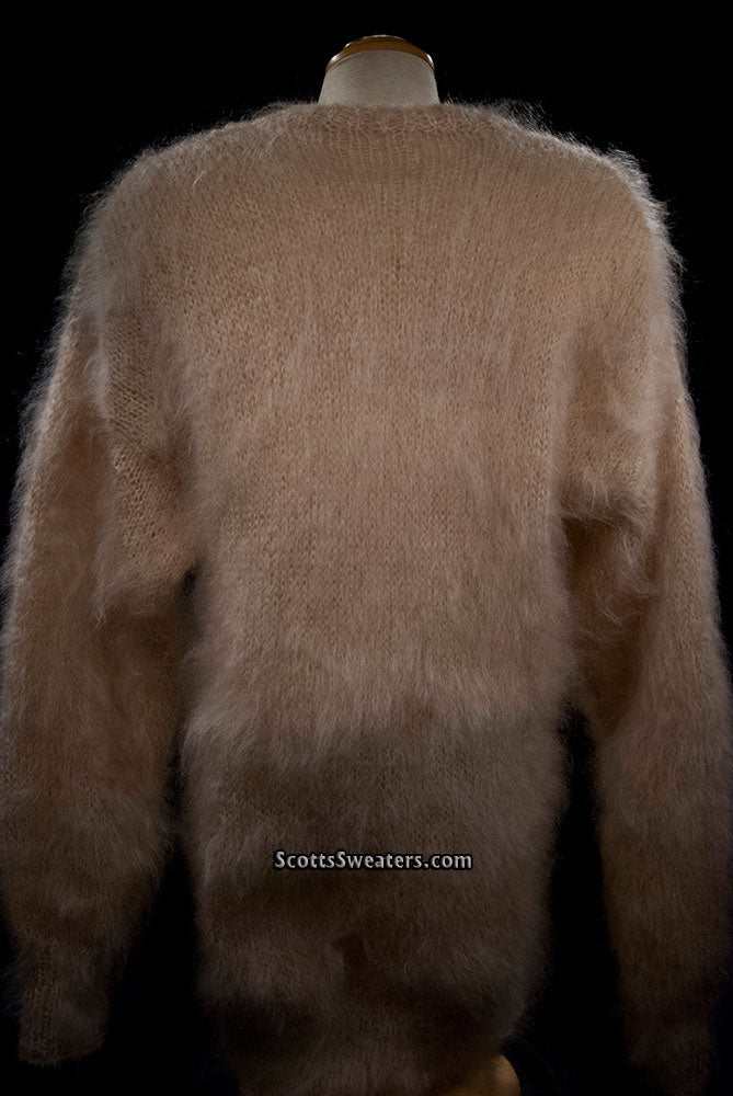 Woman's long fuzzy champagne color mohair crewneck sweater by Scott's Sweaters in large/2XL size