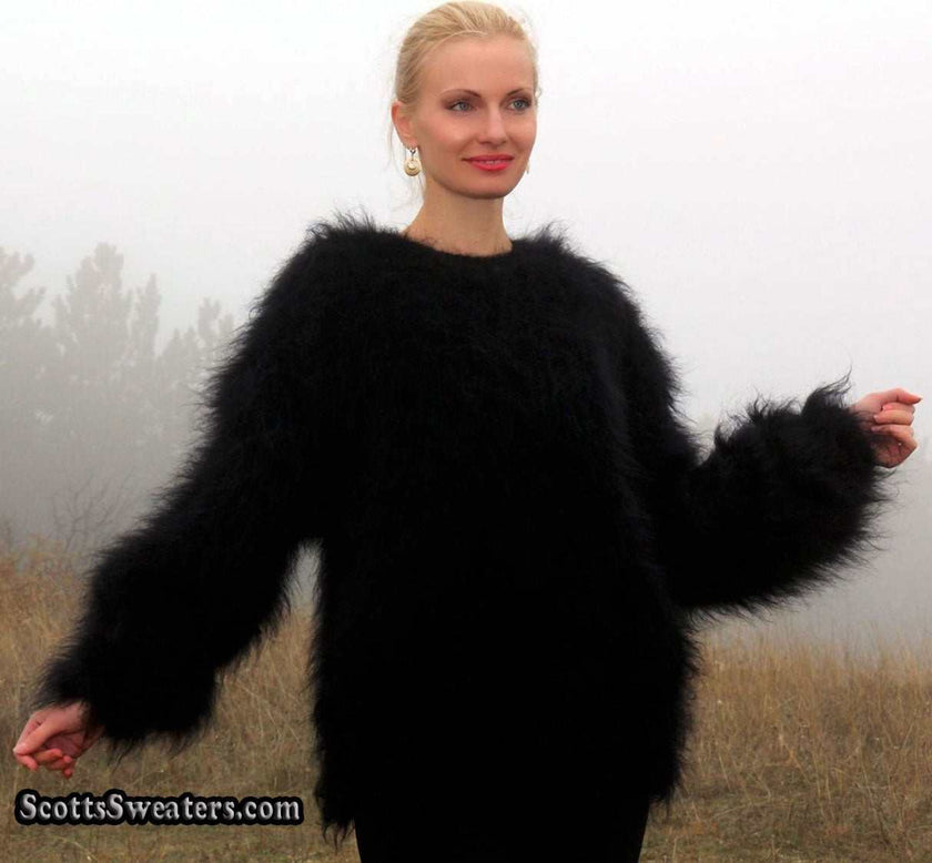 Woman's black fuzzy mohair sweater by Scott's Sweaters, large size