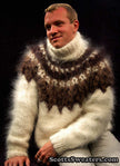 Ivory men's hand-knit mohair turtleneck sweater with brown and black yoke design by Scott's Sweaters, size Small/Medium