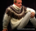 Ivory men's hand-knit mohair turtleneck sweater with brown and black yoke design size S/M