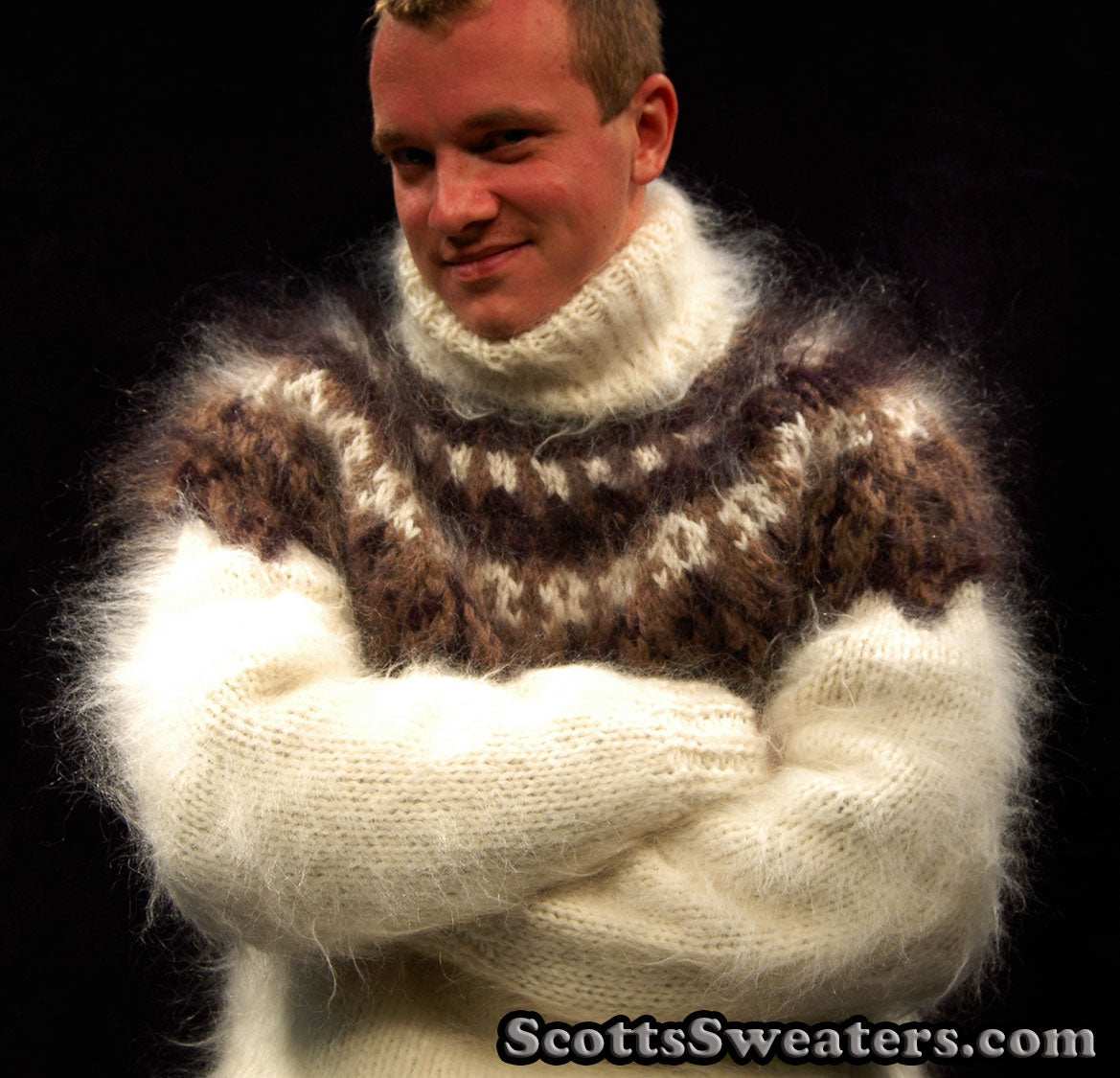 Ivory men's hand-knit mohair turtleneck sweater with brown and black yoke design by Scott's Sweaters in size Small/Medium