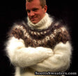 Ivory men's hand-knit mohair turtleneck sweater with brown and black yoke design by Scott's Sweaters in size Small/Medium