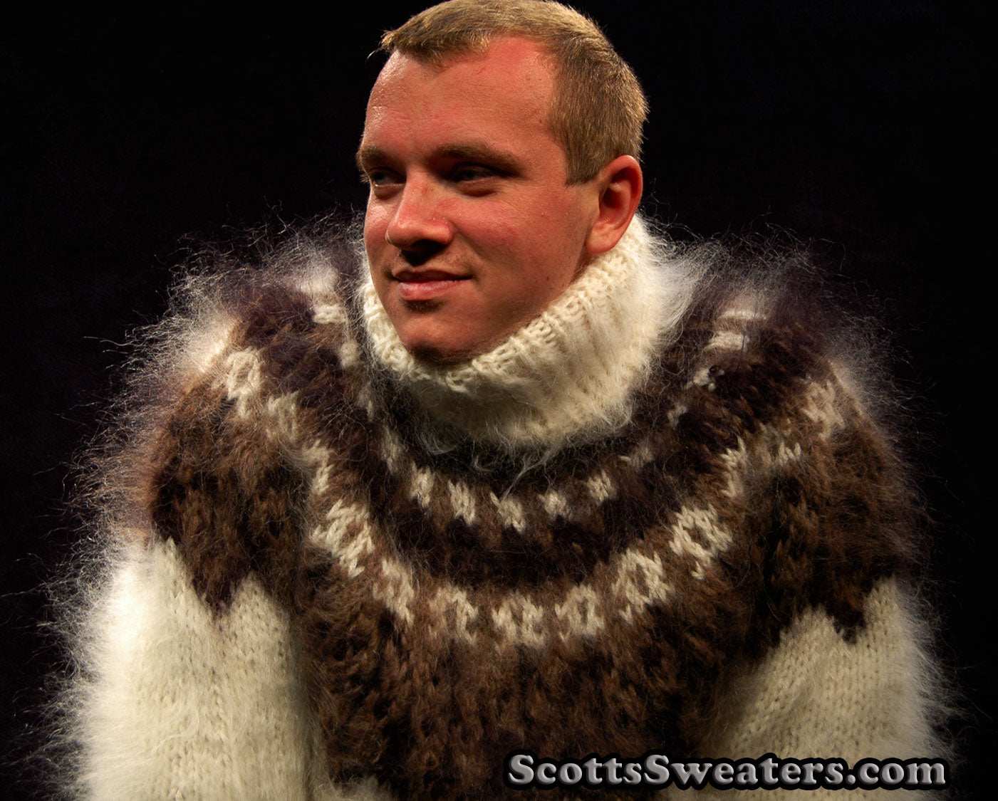 Ivory men's hand-knit mohair turtleneck sweater with brown and black yoke design by Scott's Sweaters, size Small/Medium