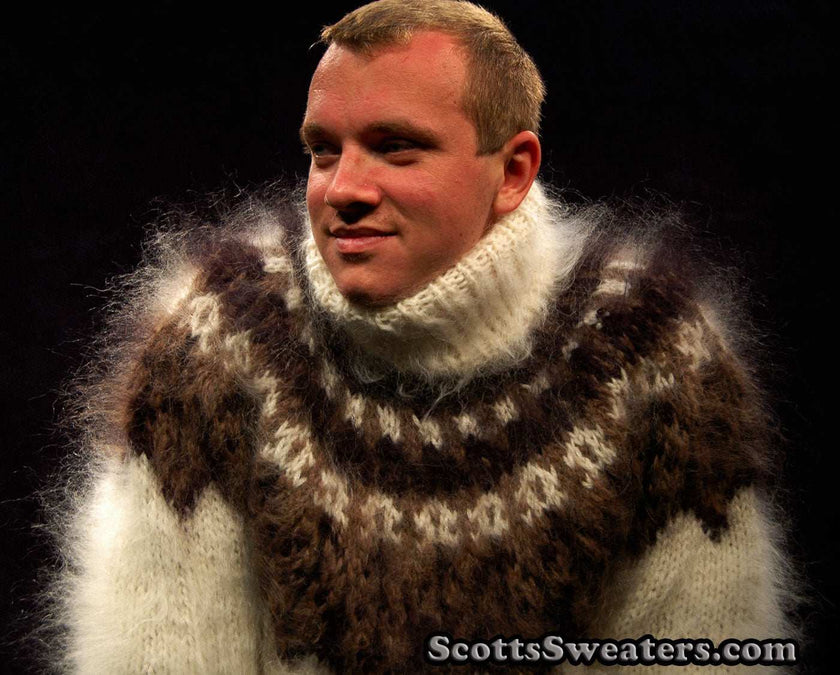 Ivory men's hand-knit mohair turtleneck sweater with brown and black yoke design by Scott's Sweaters, size Small/Medium
