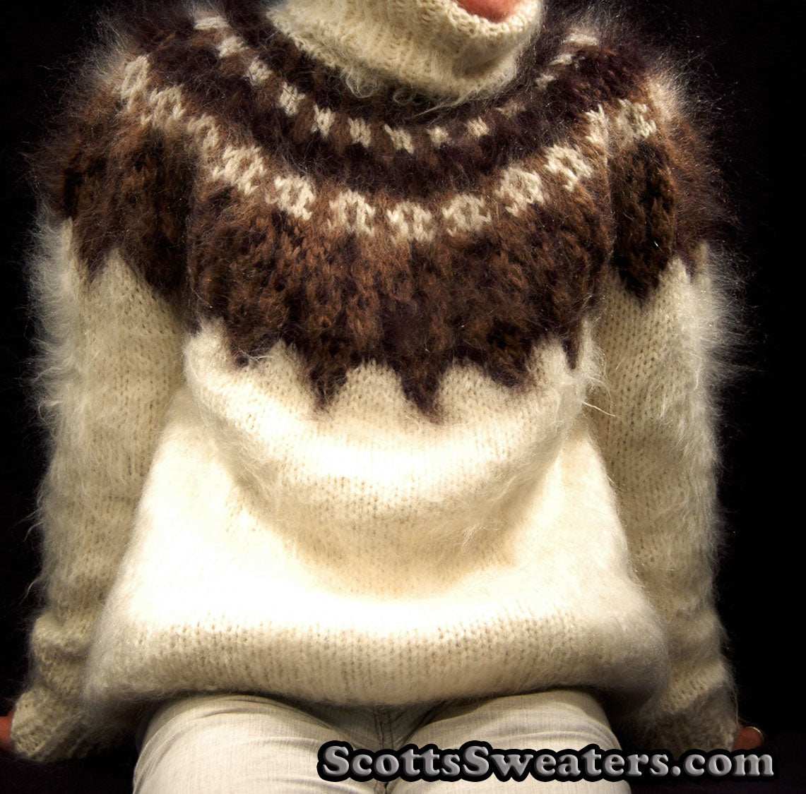 Ivory men's hand-knit turtleneck mohair sweater with brown and black yoke design by Scott's Sweaters, size Small/Medium