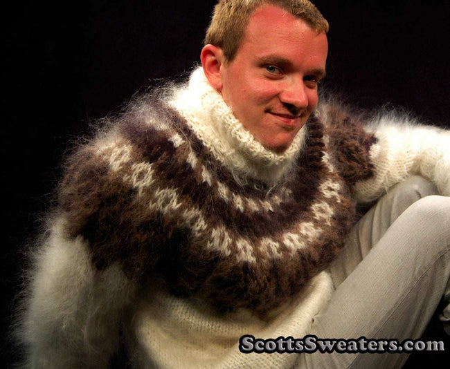 Ivory men's hand-knit mohair turtleneck sweater with brown and black yoke design by Scott's Sweaters, size S/M