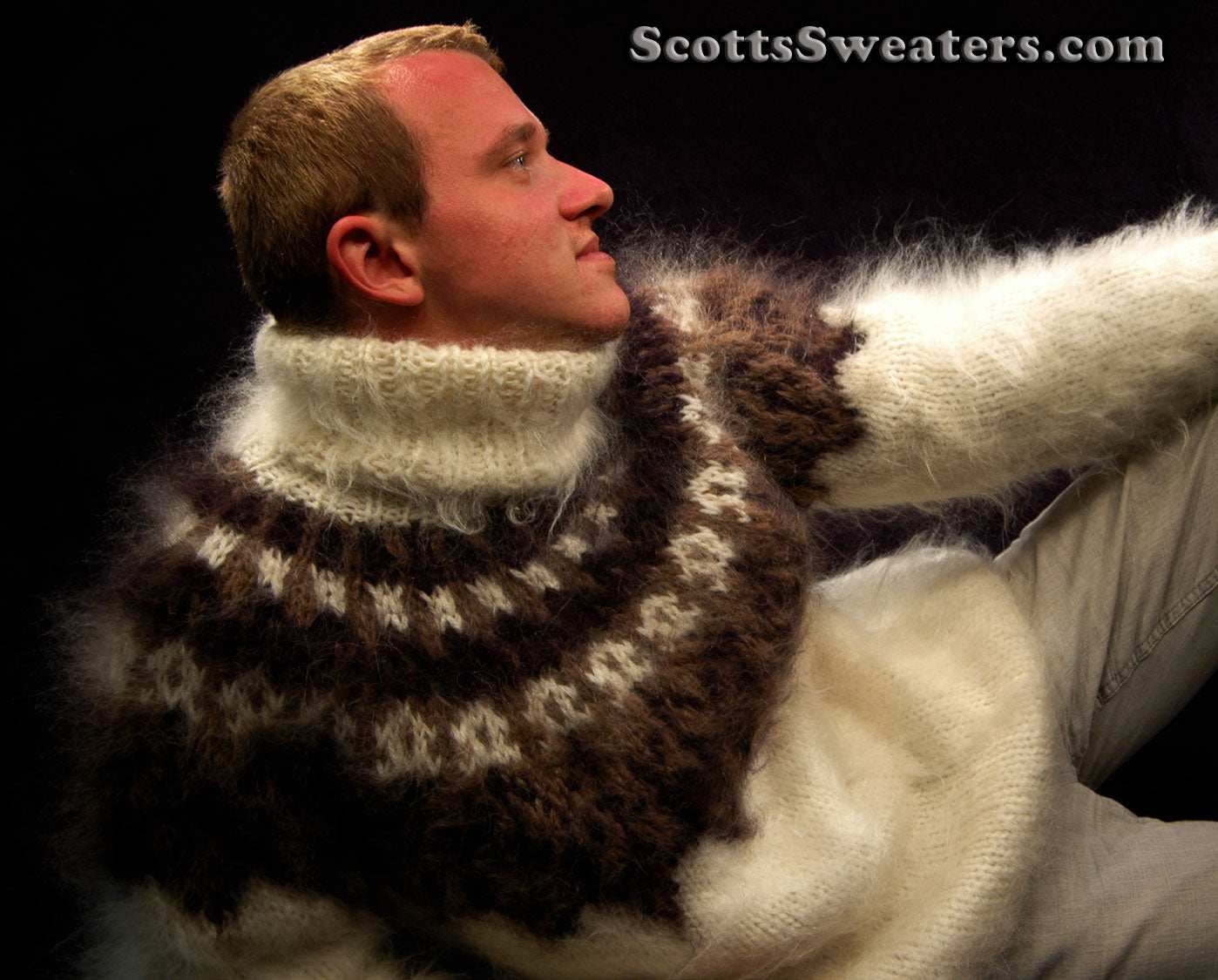 Ivory men's hand-knit mohair turtleneck sweater with brown and black yoke design, size small/medium