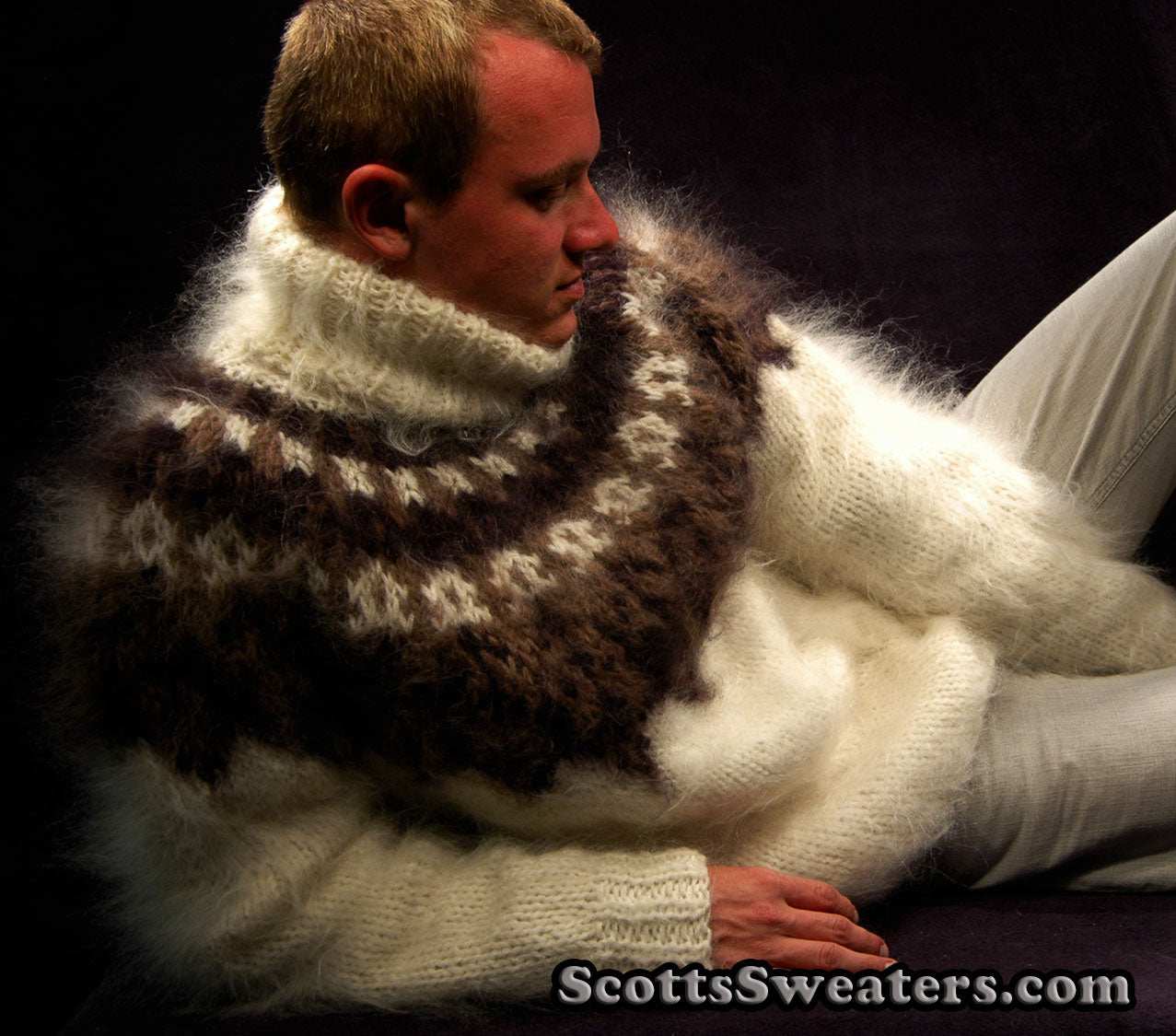 Ivory men's hand-knit mohair turtleneck sweater with brown and black yoke design by Scott's Sweaters size Small/Medium