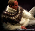 Ivory men's hand-knit mohair turtleneck sweater with brown and black yoke design by Scott's Sweaters size Small/Medium