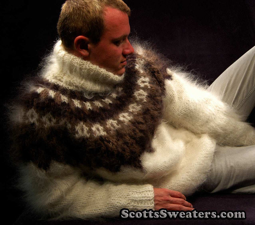 Ivory men's hand-knit mohair turtleneck sweater with brown and black yoke design by Scott's Sweaters size Small/Medium