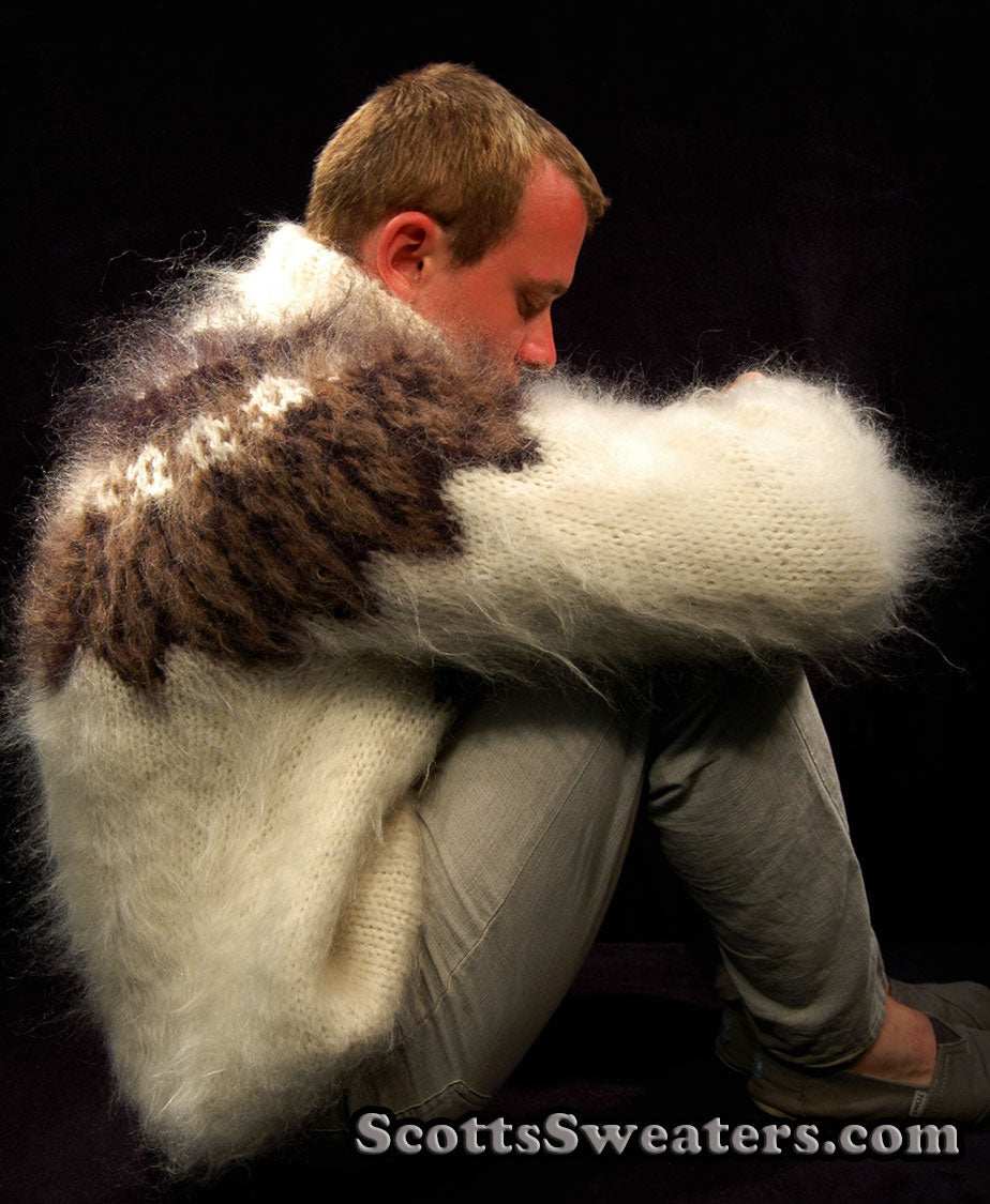 Ivory men's hand-knit mohair turtleneck sweater with brown and black yoke design by Scott's Sweaters size Small/Medium
