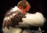 Ivory men's hand-knit mohair turtleneck sweater with brown and black yoke design by Scott's Sweaters, size Small/Medium 42-44
