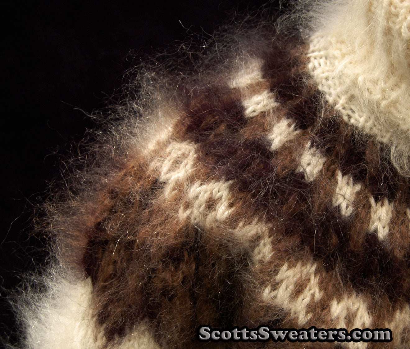 Ivory men's hand-knit mohair turtleneck sweater with brown and black yoke design by Scott's Sweaters, size Small/Medium 42-44