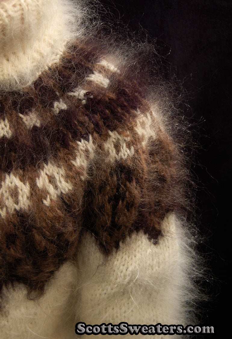 Ivory men's hand-knit mohair turtleneck sweater with brown and black yoke design by Scott's Sweaters, small/medium size