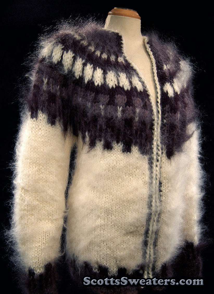 Unisex zipper-front white handknit mohair cardigan sweater
