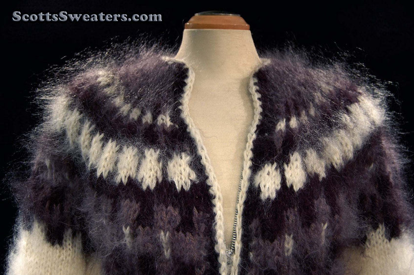 Unisex zipper-front white handknit mohair cardigan sweater